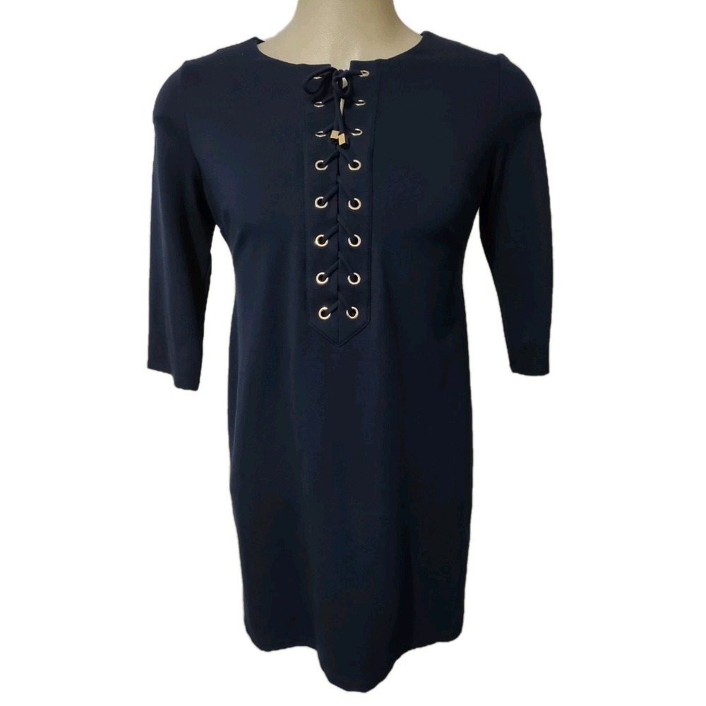 Chico's Shift Dress 1.5 Petite Womens Lace Up Navy Blue 3/4 Sleeve Office Bold